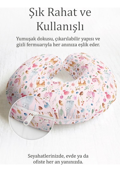 Sevimli Orman Hayvanları Pamuklu Boyun Yastığı - Pastel Pembe Yumuşak Seyahat Yastığı Çok Renkli