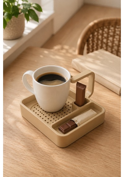 Kahve Sunum Tepsisi Çok Bölmeli Masa Üstü Organizer Kupa Fincan Standı Pla 12.5x11x7 Cm Krem Bej
