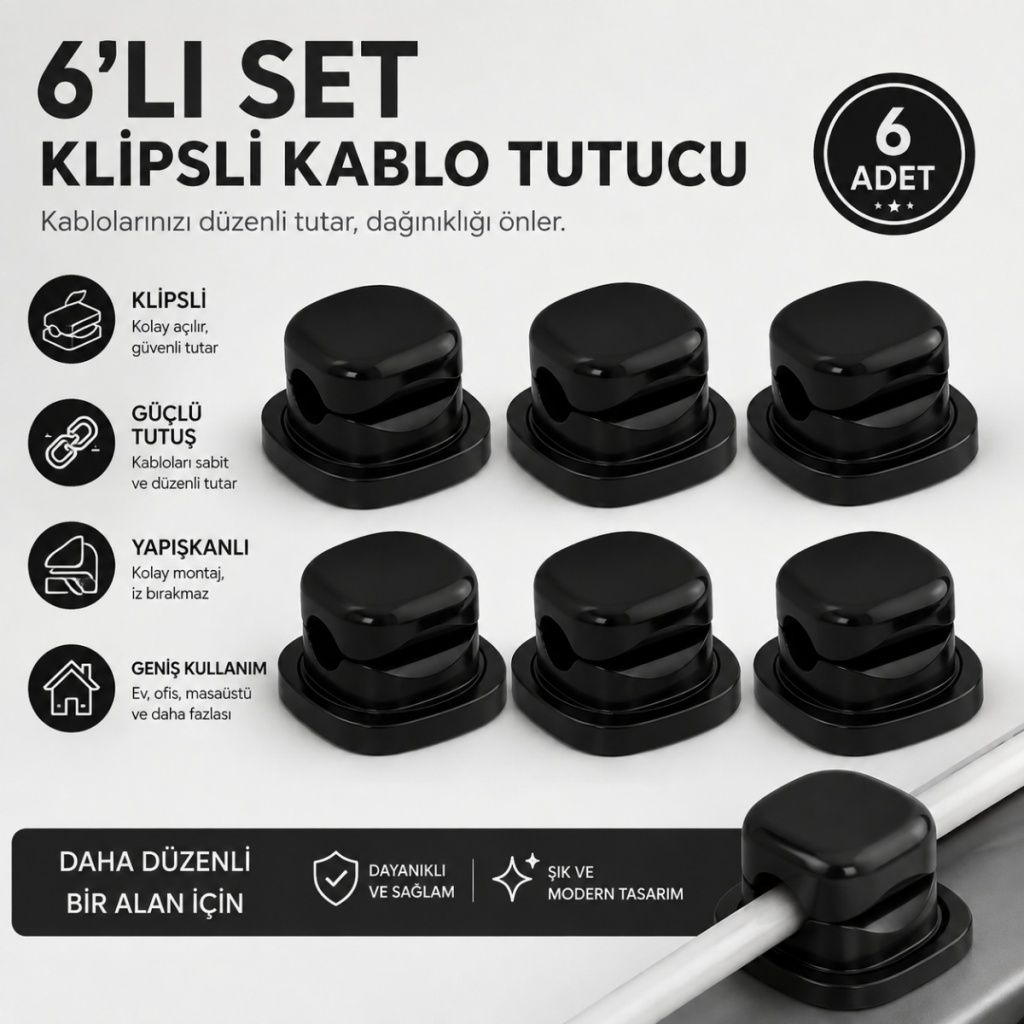 Coofbe 6'lı Yapışkanlı Kablo Tutucu Klips Masaüstü Kablo Düzenleyici Şarj Kablosu Sabitleyici