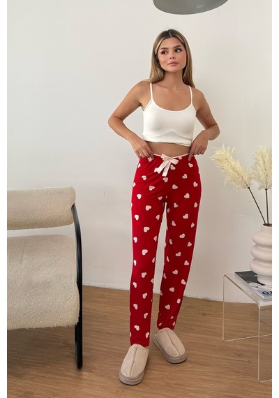 Giysa Kadın Beli Lastikli Kalp Desenli Pijama Altı Kırmızı - 26y 4522