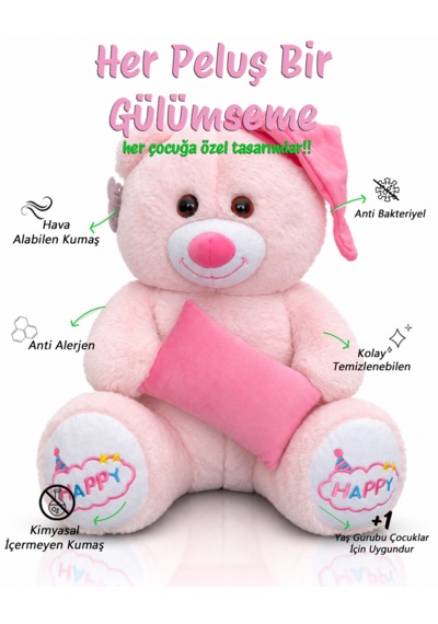 Ayıcık Şapkalı Ve Yastıklı Seri Peluş Ayıcık 60cm - Hediyelik Peluş Oyuncak 046 - Pembe