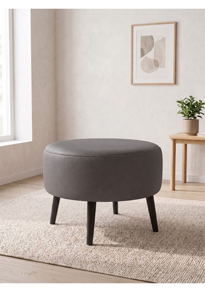 Modern Gri Deri Puf Yuvarlak Oturma Pufu Ahşap Siyah Ayaklı Demonte 60x46 Cm