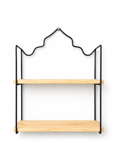 2 Katlı Dekoratif Retro Duvar Rafı Hürrem Desenli Metal Ahşap Siyah Ahşap - Siyah