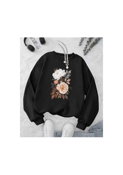 Herkesemoda Soft Güller Baskı Detaylı Bisiklet Yaka Sweatshirt Siyah