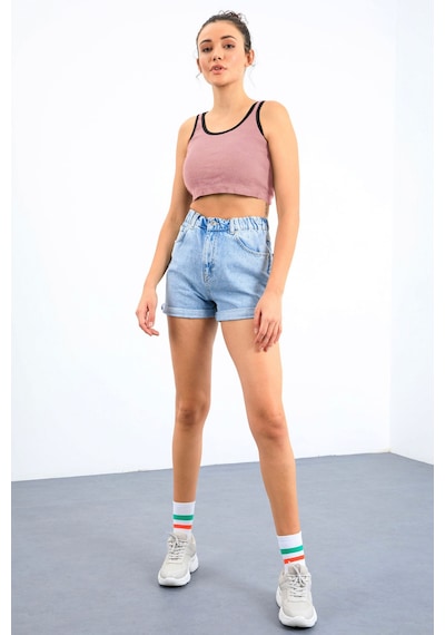 Tommy Life Pudra Basic Sıfır Kol Dar Kalıp U Yaka Kadın Crop Top Atlet - 97162 Pudra