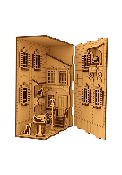 French Yard Diorama Book Nook Ahşap Maket Seti Dıy Miniatür Kedili Fransız Avlusu Peri Led'li Kitaplık Dekoru