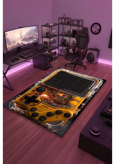 Sarı Retro Oyun Konsolu 3d Tasarım Yıkanabilir Kaymaz Taban Halı Gnc19