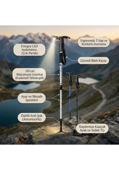 Led Işıklı & Amortisörlü Teleskopik Yürüyüş Batonu 110 Cm
