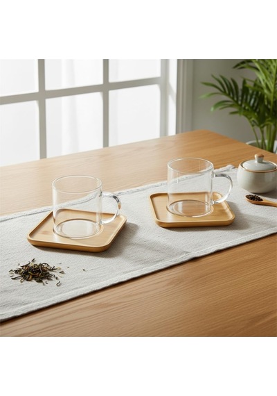Bambu Tabaklı 2'li Cam Fincan Seti 150 Ml - Yuvarlak/kare Seçenekli Borosilikat Bitki Çayı Ve Double Kahve Fincanı Kare Tabaklı Çok Renkli