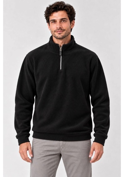 Barlashive Erkek Polar Dik Yaka Yarım Fermuarlı Uzun Kollu Regular Fit Kışlık Sweatshirt - Siyah Çok Renkli