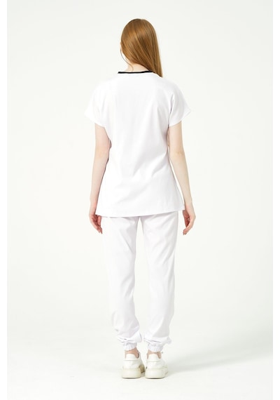 Beyaz Likralı Scrubs Jogger Paça Doktor Hemşire Forması Yarasa Kol Takım Unisex