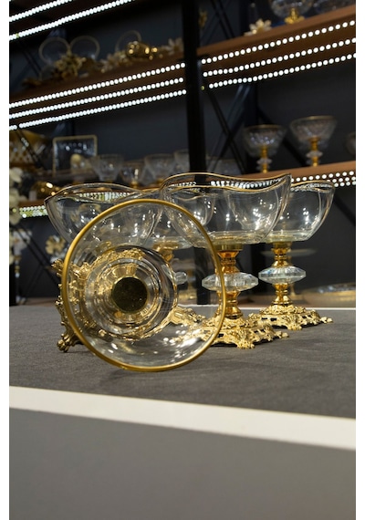 Argkristal Metal Ayaklı Vira Gold Detaylı Sütlü Tatlı Kasesi - Dondurmalık - Çerezlik 6 Lı Altın