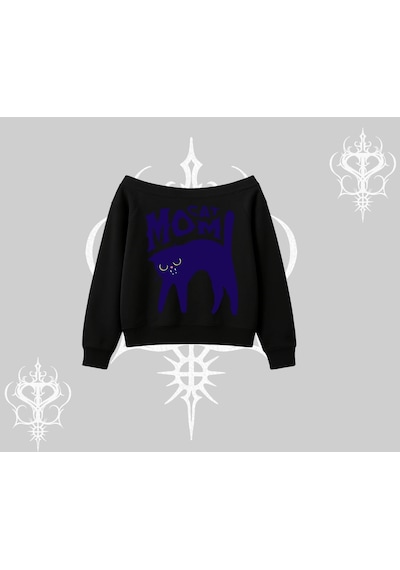 Startmore Cat Mom Yazılı Minimal Kedi Arka Baskılı Kayık Yaka Sweatshirt Siyah