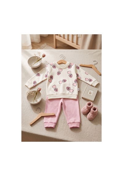 Deniva Kids Kız Bebek Lale Desenli İncili Pamuklu Sweatshirt Ve Eşofman Altı İkili Takım Pembe