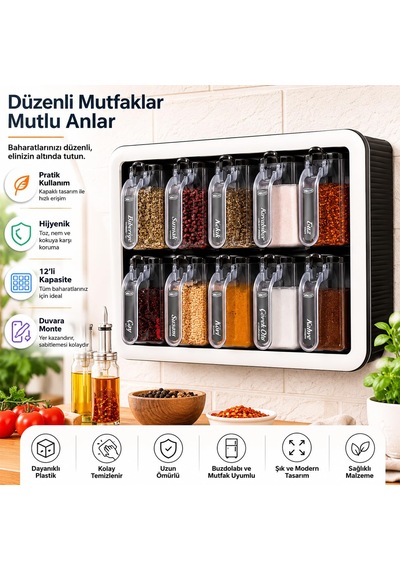 Kendinden Yapışkanlı Baharatlık Seti, 12'li, Kaşıklı Kapaklı,etik Siyah