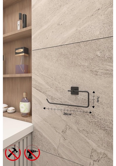Alper Banyo 5'li Siyah Banyo Seti, Yapışkanlı Ve Vidalı Montajlı, Uzun Havluluk, Halka Havluluk, Fön Makinesi Ask Diğer