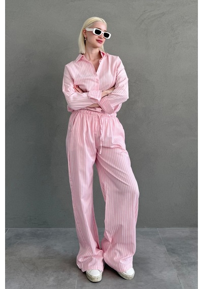 Madmext Pembe Çizgili Gömlek Pantolon Kadın Takım Mg2457 Pembe