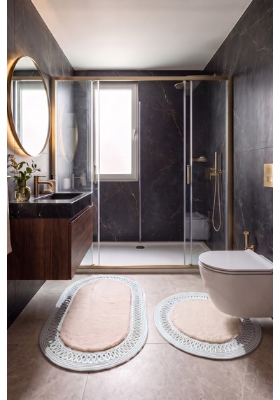 Banyo Paspası Takımı 60x100+60x60 Cm İç Trikot Bej & Gümüş