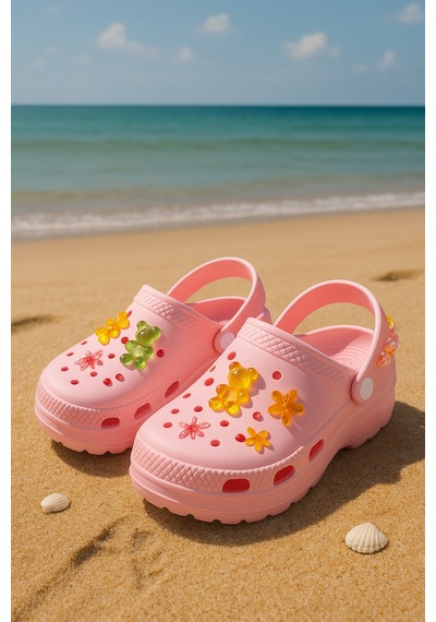 N Moda Jelibonlu Boncuklu Kız Çocuk Sandalet-terlik Pembe