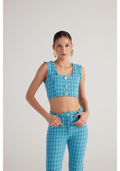 Holly Lolly Tüvit Kumaş Crop Tweed Büstiyer Mavi
