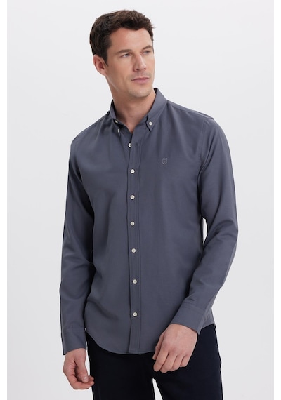 Tudors Erkek Slim Fit Dar Kesim Düz Oxford Armalı Yaka Düğmeli Antrasit Spor Gömlek-42009 Antrasit
