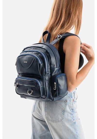 Baginn Suni Deri Kadın Sırt Çantası 38 28 Cm Mega Bag Günlük Kullanıma Uygun Çok Cepli İçi Astarlı Lacivert