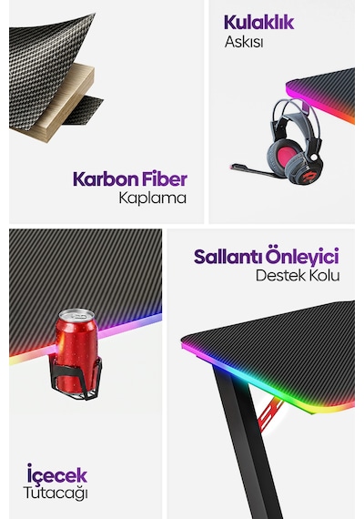 Thunder 25mm RGB Aydınlatmalı Oyuncu Masası | Siyah Karbon Fiber Kaplama
