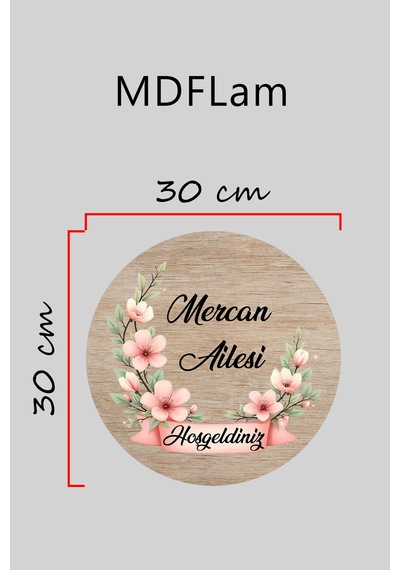 Dijital Baskı Açık Ahşap, Yarım Çember Pembe Çiçek Desenli, Kişiye Özel Kapı Süsü, Duvar Süsü