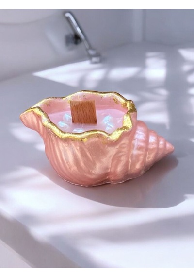 İstiridye Deniz Kabuğu Simli Pembe İncili Kokulu Mum Ahşap Fitilli Mum Simli Açık Pembe
