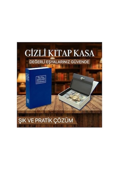 Kitap Şeklinde Gizli Çelik Kasa - Kilitli Para Kumbarası Ve Değerli Eşya Saklama Kutusu Mavi