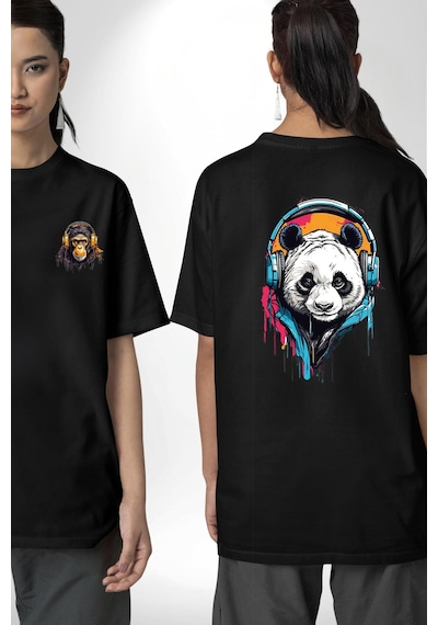 Kulaklık Ayı Panda Siyah Oversize Unisex Ön Ve Sırt Baskılı Tişört Siyah