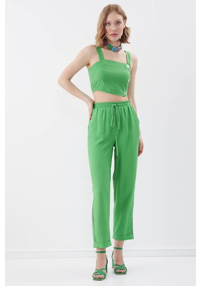 Vitrin Sedef Düğmeli Sırtı Gipeli Crop Bluz YEŞİL