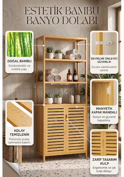 Bambu Banyo Dolabı 6 Raflı Kapaklı Salon Mutfak Çalışma Odası Dolabı Kitaplık Düzenleyici Bej Bambu Banyo Dolabı 6 Raflı Kapaklı Salon Mutfak Çalışma Odası Dolabı Kitaplık Düzenleyici Bej