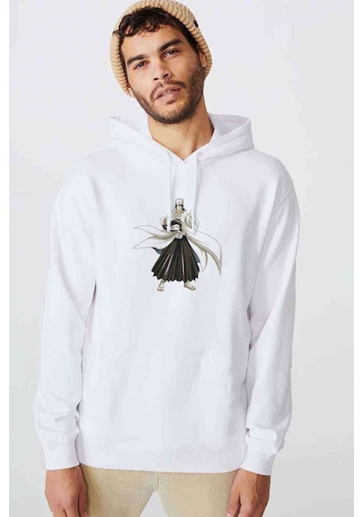 Anime Byakuya Kuchiki Baskılı Beyaz Erkek Örme Kapşonlu Sweat