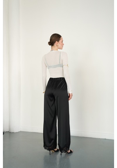 Verymoda Paçası Dantelli Saten Pantolon D2969 Siyah