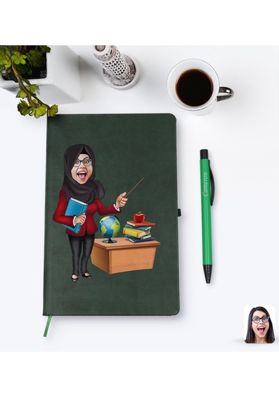 Kişiye Özel Tesettürlü Kadın Öğretmen Karikatürlü Yeşil Termo Der N11.1759