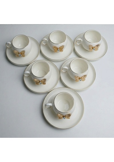 Alfafe Home Kelebek Detaylı 6 Lı Türk Kahvesi Fincan Takımı Gold Porselen Set Şık Çeyiz & Misafir Sunumluk Altın