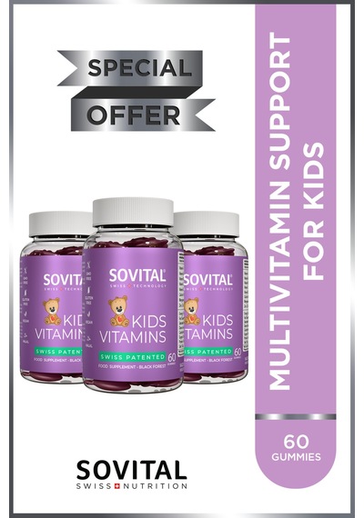 Sovital Kids A, C, D3, B6, B12, Çinko, Kalsiyum İçeren Çocuklar İçin Çiğnenebilir,vegan,şekersiz 60 Gummy X 3 Adet