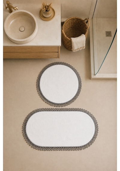 El Yapımı Bohem Banyo Paspası 2'li Peluş Kaymaz Jel Taban Yuvarlak 60x60 Cm Ve Oval 55x100 Cm Beyaz Gri