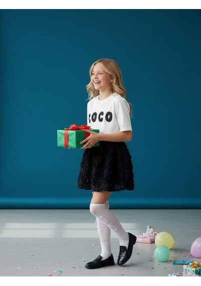 Zekids Kız Çocuk Tasarım Çiçek İşlemeli Etekli Takım-16525 Beyaz Siyah