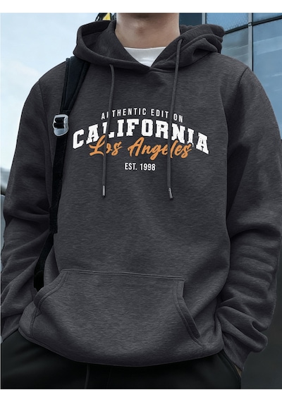 Startmore Startmorelos Angeles Kaliforniya Baskı Erkek Kapüşonlu Üst Sonbahar Bol Sweatshirt Hip Hop Cepli Polar Antrasit