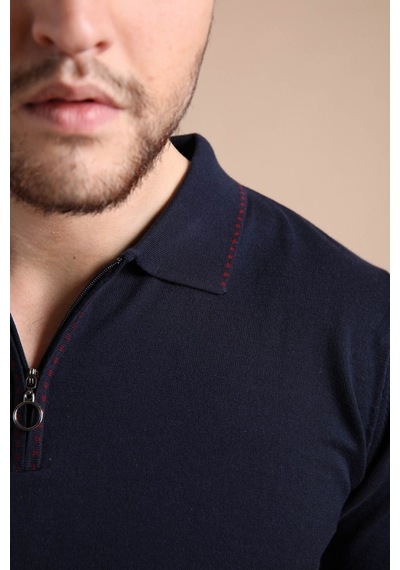 Ferraro Lacivert Polo Yaka Fermuarlı Erkek Pamuk Triko T-Shirt-Lacivert (417942893) Lacivert