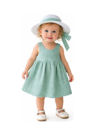 Chicsy Baby Tatlı Kız Bebek Tarz Elbise Şapkalı Fiyonk Detaylı Yazlık 2 Li Kombin Su Yeşili