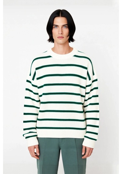 Frm Casual Erkek Kalın Triko Dokulu Bisiklet Yaka Çizgili Oversize Se Yeşil
