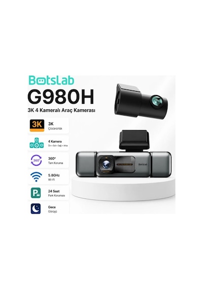+360 Botslab G980H Pro 3K 4 Kameralı Wifi+GPS Akıllı Araç İçi Kamera +150° Geniş Açı+Yaya Algılama