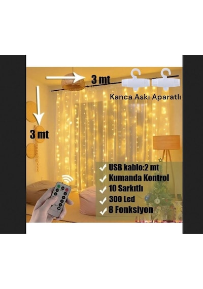 Sge Teknoloji Kumandalı Led Perde Işığı Peri Led 300 Led 3 x 3 M
