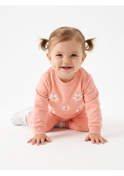 HelloBaby Pamuklu Papatya Detaylı 2li Kız Bebek Takım Somon
