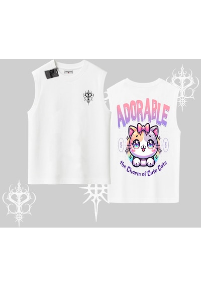 Tarzsokak Adorable Kawaii Kedi Arka Baskılı Kolsuz Tshirt Beyaz