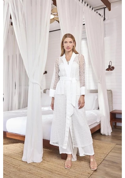 Ang Butik Kadın Uzun Kollu Dantelli Ve Kuşaklı Sabahlık Takımı BEYAZ