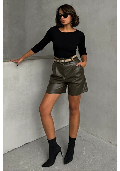 Verymoda Kemerli Deri Şort F1497 Haki